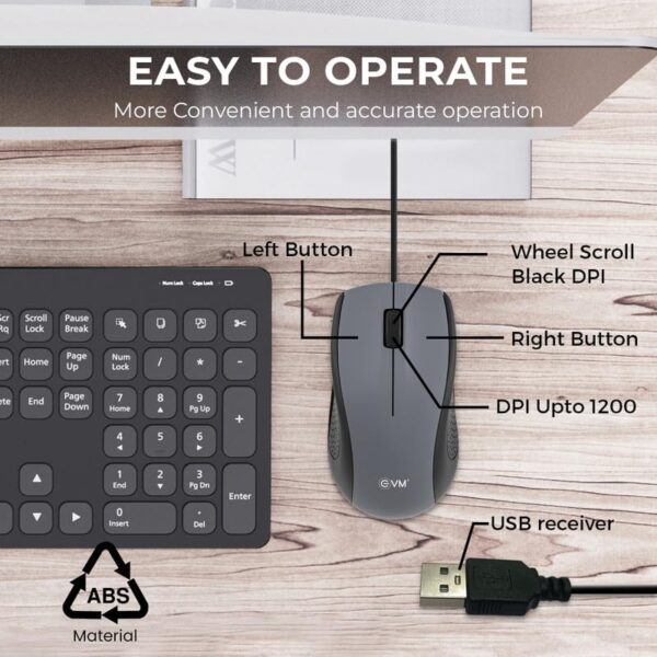 EVM Wired Optical Mouse - 3D Office Mouse with 1200 DPI Resolution, USB Interface, Plug and Play