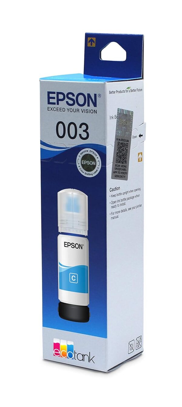 Epson 003 Ink Bottle (Cyan), Compatible with :L3110 /L3101/ L3150 / L4150 / L4160 / L6160 / L6170 / L6190 Printer Models