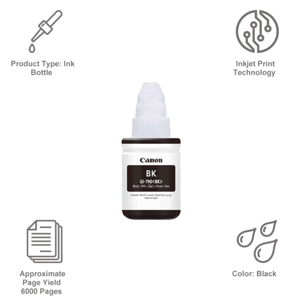 Canon PIXMA GI790 Black Ink Bottle for G1010, G2000, G2012, G3000, G3010, G3012, G4010
